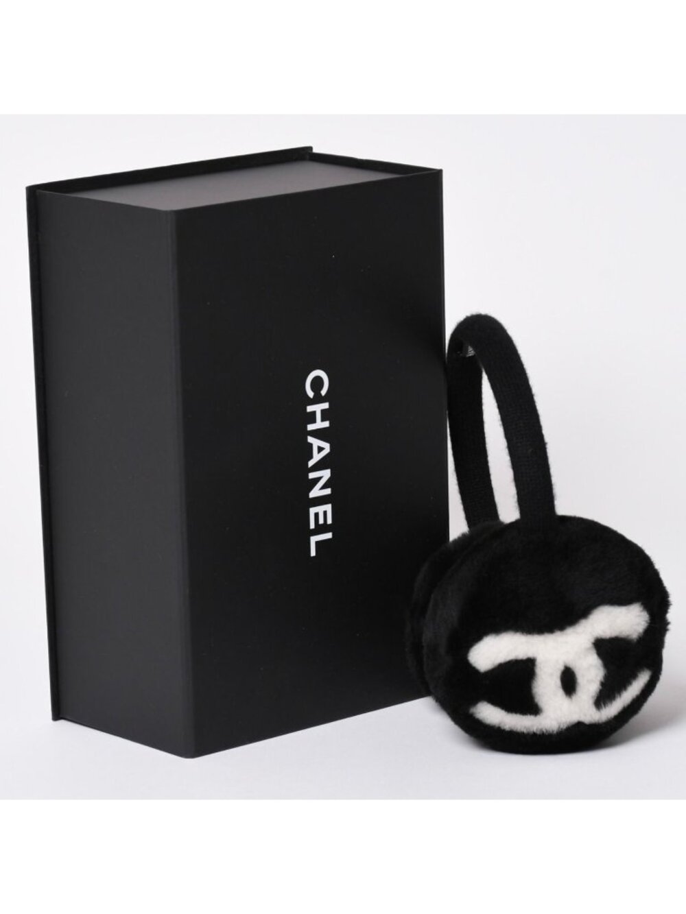 Chanel Coco Neige Ear Muffs CC Logo Shearling Black White